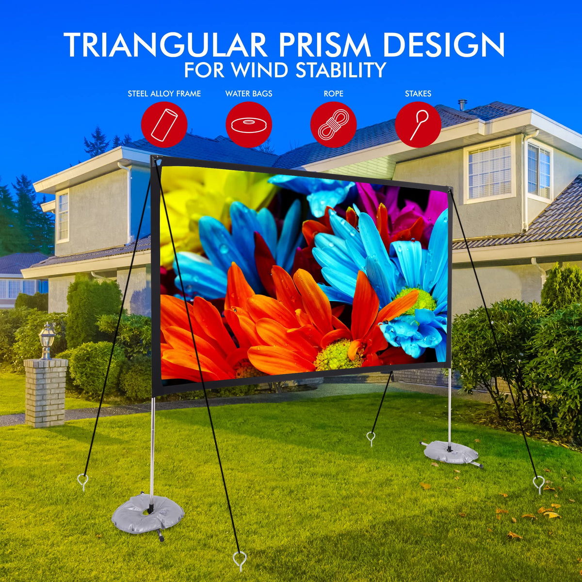 Pyle Projector Screen with Stand - 120" 16:9 HD 4K Portable Lightweight Freestanding Foldable Outdoor Movie Projection Display with Frame for Home Theater
