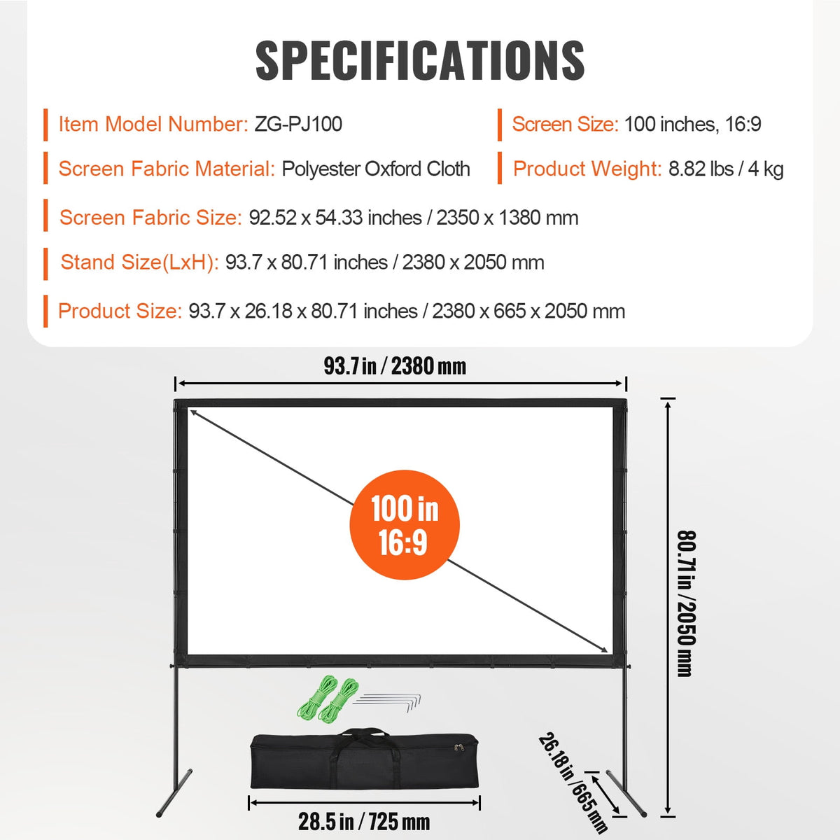 VEVOR Projector Screen with Stand,100 inch 16:9 4K 1080 HD Outdoor Movie Screen with Stand,Wrinkle-Free Projection Screen with Bar Feet and Carry Bag,for Home Theater Cinema Backyard Movie Night