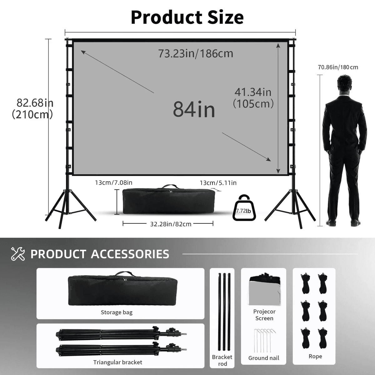 HVKDIEB Outdoor Projector Screen with Stand, 100 Inch Milk Silk Fabric with Black Backing, Double Tripod Movie Screen with Carry Bag for Backyard Home Theater