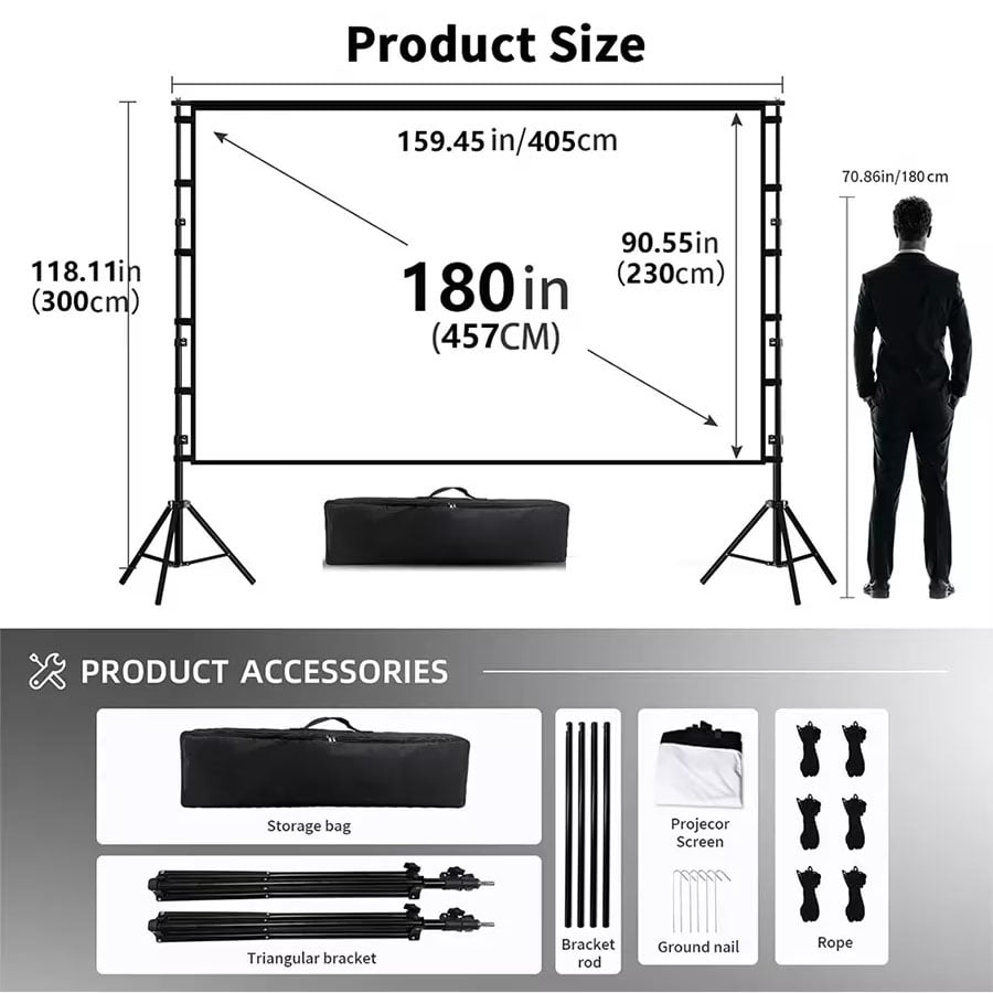 HVKDIEB 150 inch Outdoor Projector Screen with Stand,16:9 4K 3D Indoor Movie Screen,Wrinkle Resistant,Suitable for Home Theater Movies Night