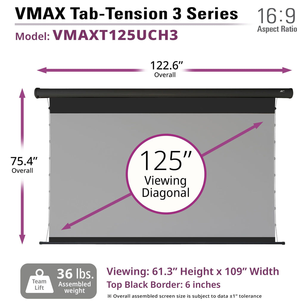 VMAX Tab-Tension3, 125"Diag,16:9,High-Contrast Gray Front Projection Electric 4K UHD Screen, VMAXT125UCH3