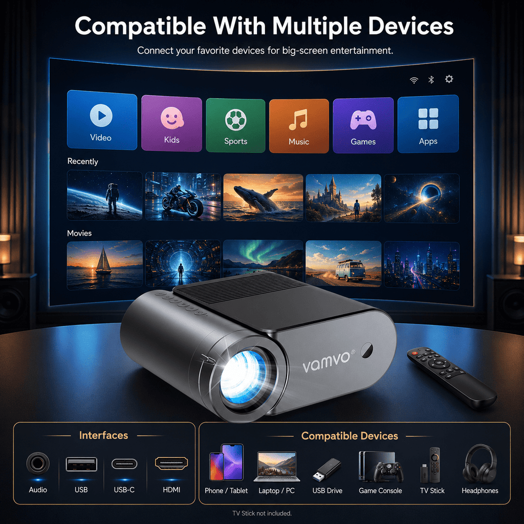 Vamvo Portable Projector with WiFi, 1080P Mini Movie Projector with 200 in Display, HDMI and USB, Built-in Speaker for Phone, Laptop, TV Stick and Game Console