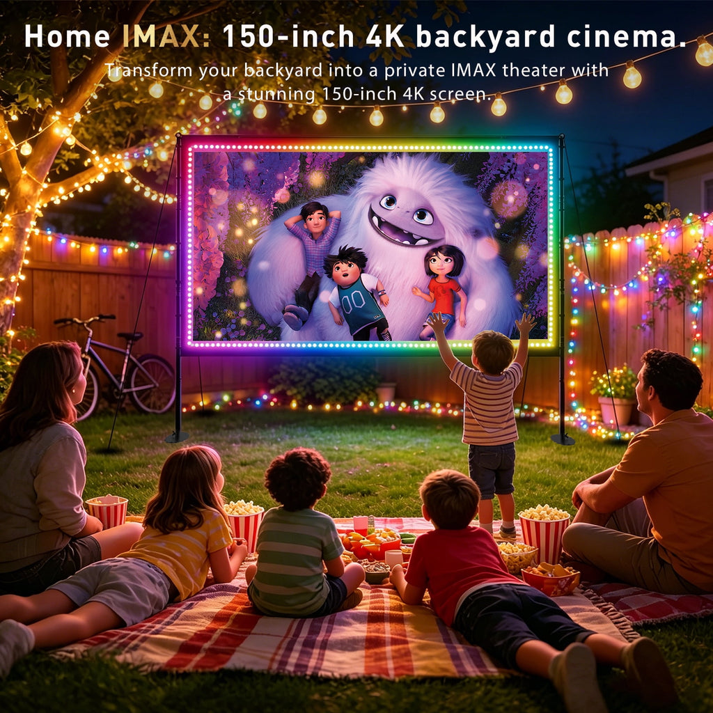 LED Projector Screen with Stand, 150 inch Indoor Outdoor Projection Screen, Portable 16:9 4K HD Rear Front Movie Screen with Carry Bag Wrinkle-Free Design for Home Theater Backyard Cinema
