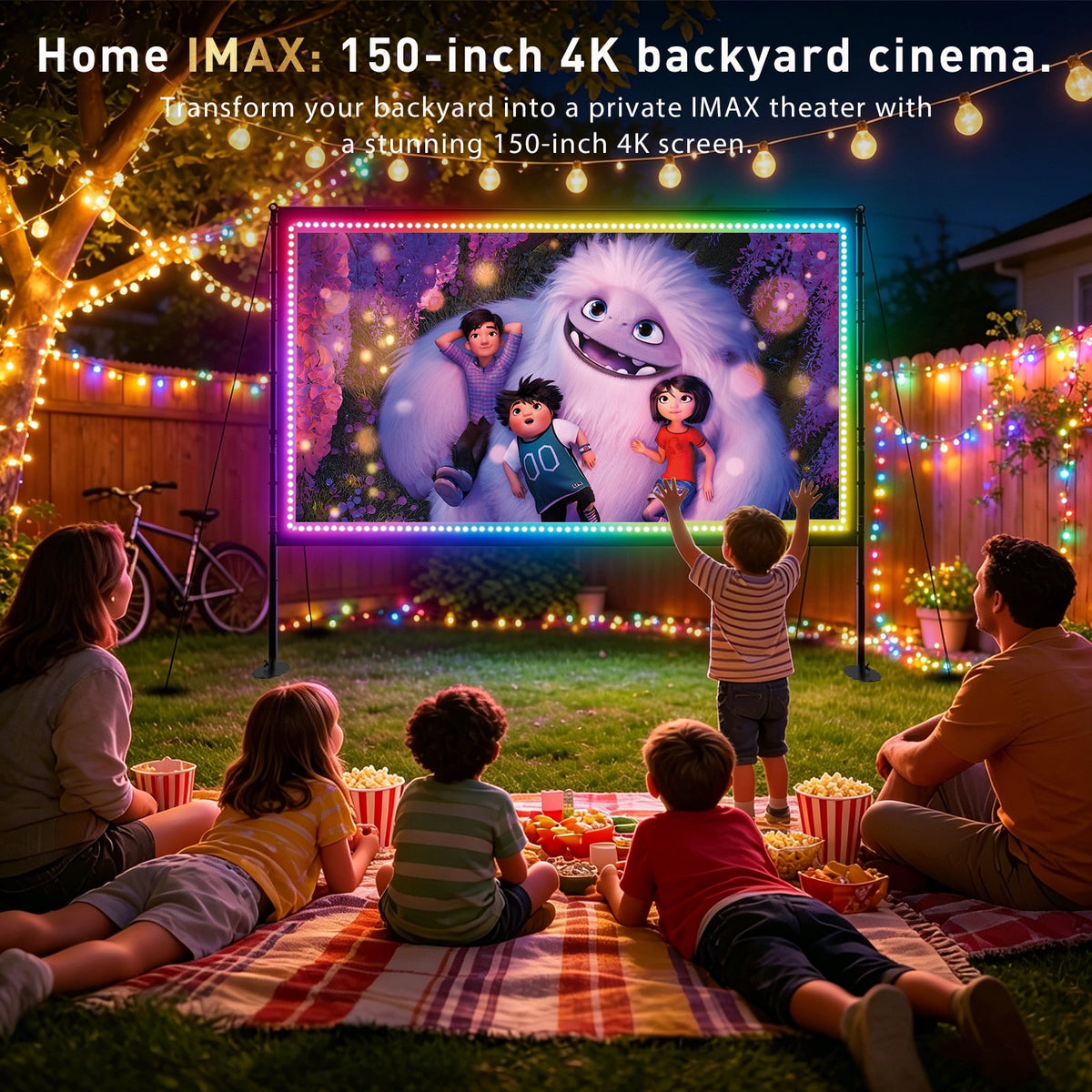 LED Projector Screen with Stand, 150 inch Indoor Outdoor Projection Screen, Portable 16:9 4K HD Rear Front Movie Screen with Carry Bag Wrinkle-Free Design for Home Theater Backyard Cinema