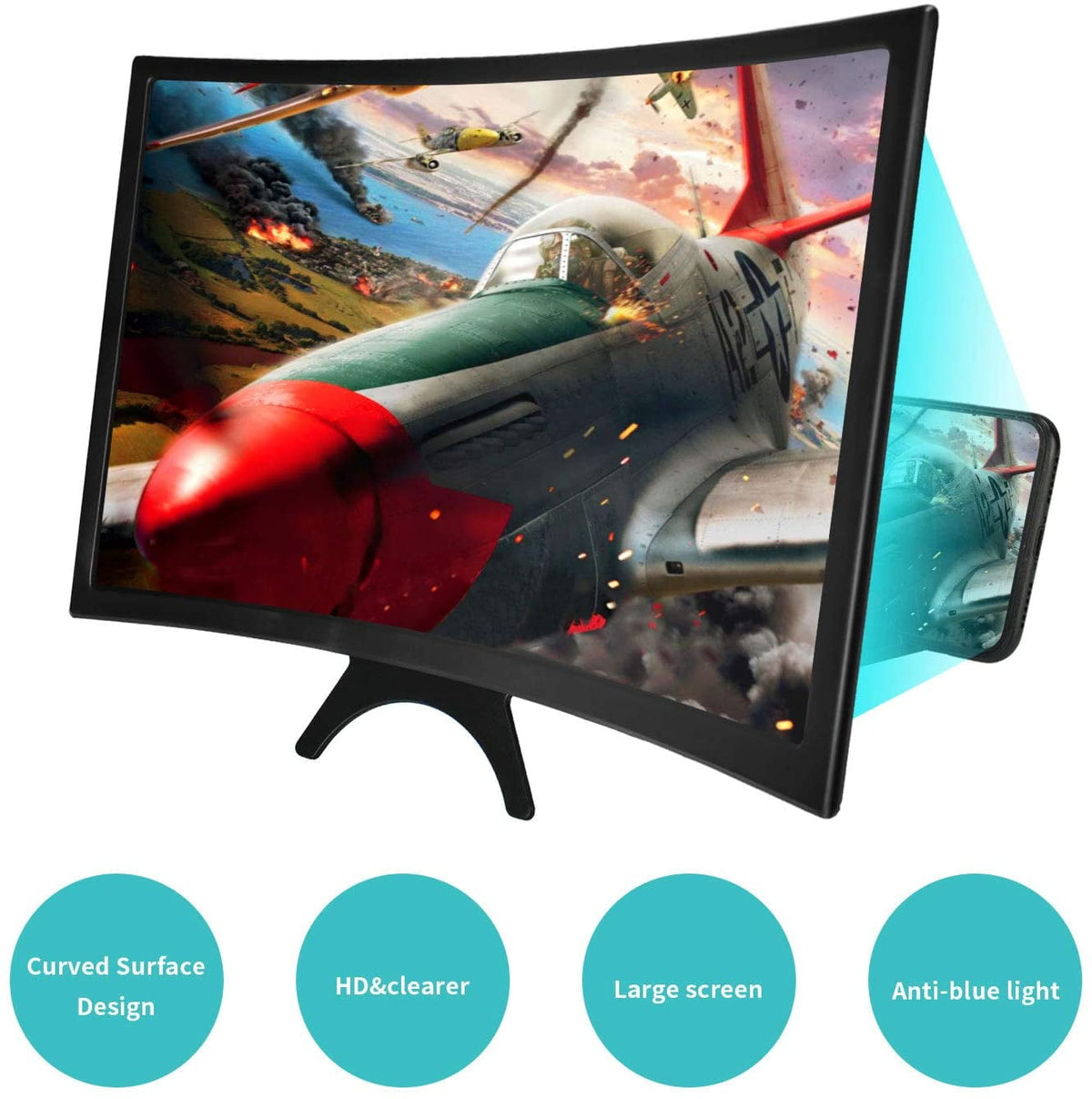 Qishi 12'' 3D Curved Screen Magnifier for Mobile Phone, HD Magnifier Projector Screen Enlarger for Videos, Movies, Games, Foldable Phone Stand with Screen Amplifier, Compatible with All Smartphones