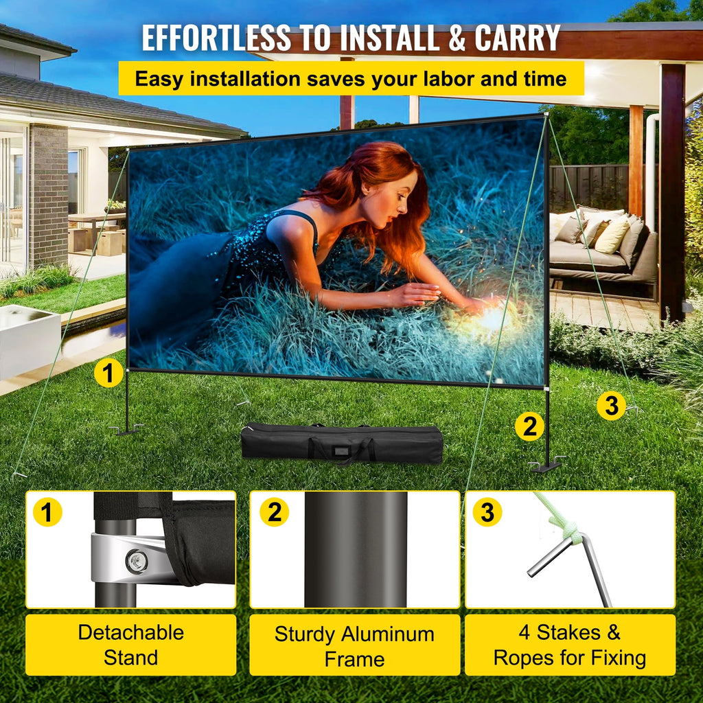 KFFKFF Outdoor Movie Screen w/ Stand, 150" Portable Movie Screen, 16:9 HD Wide Angle Outdoor Projector Screen, Front & Rear Projection,