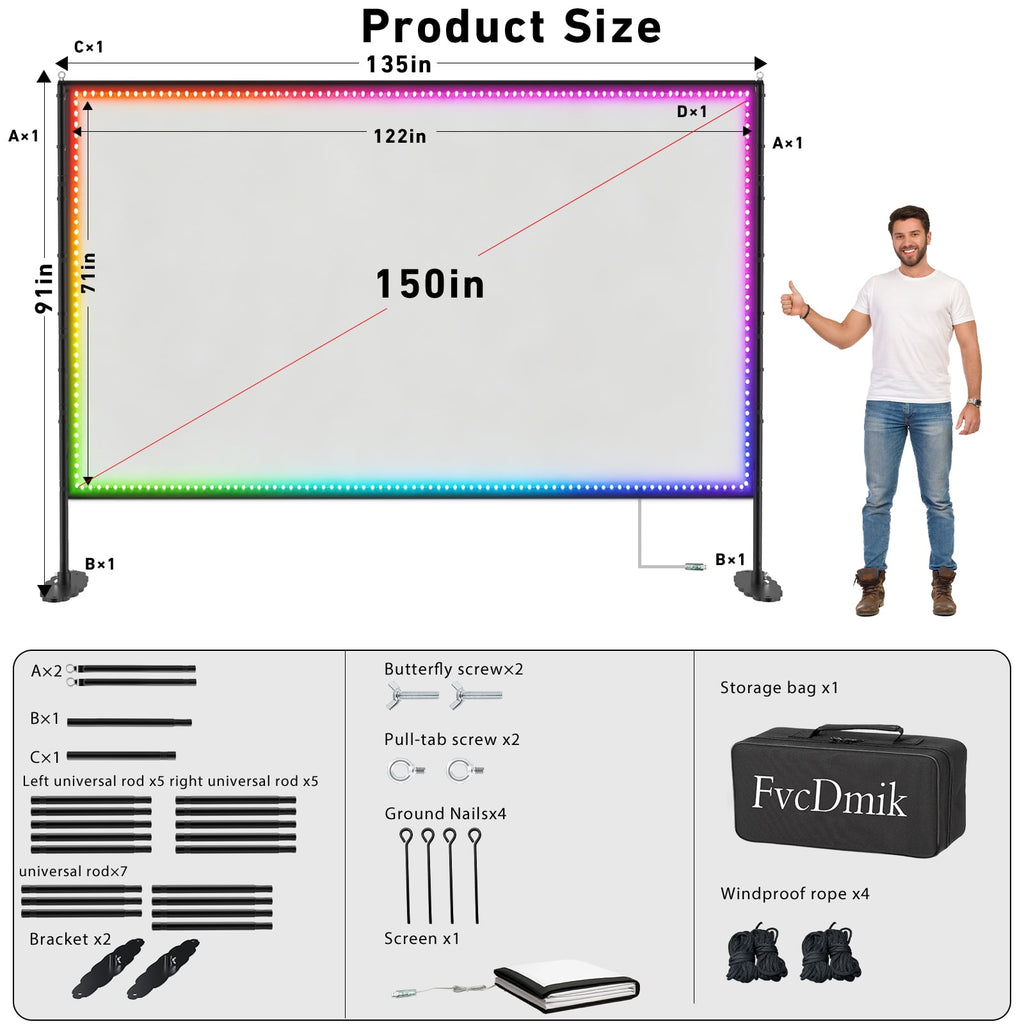 LED Projector Screen with Stand, 150 inch Indoor Outdoor Projection Screen, Portable 16:9 4K HD Rear Front Movie Screen with Carry Bag Wrinkle-Free Design for Home Theater Backyard Cinema