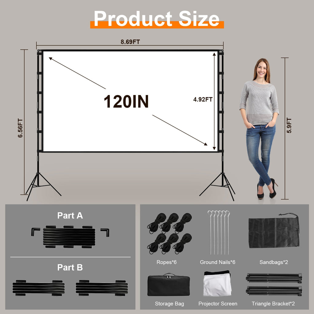 100" Portable Projector Screen with Stand 16:9 4K HD Rear Front Wrinkle-Free Movie Projector Screen with Carry Bag for Home Theater Backyard Movie Night Indoor Outdoor