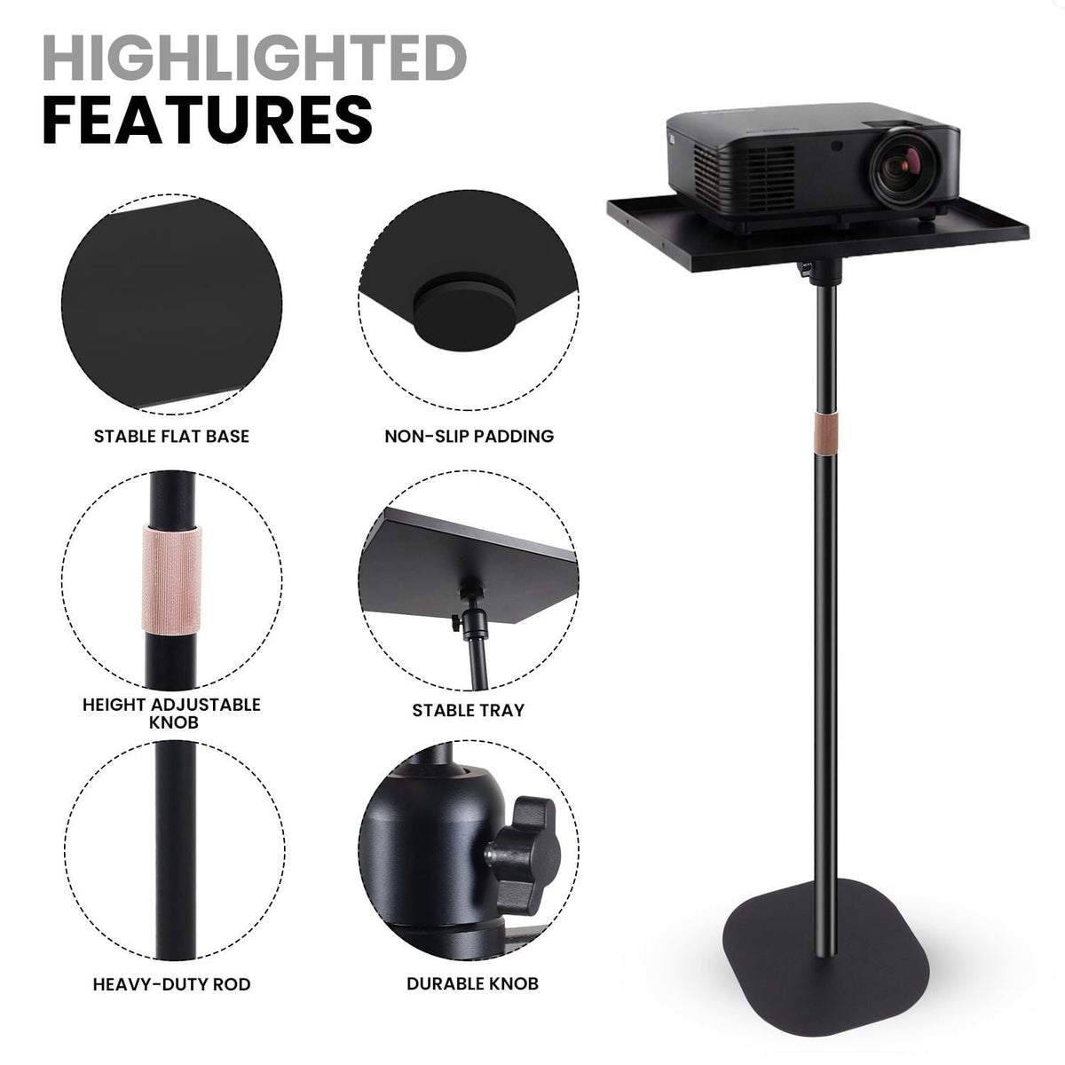 TENGDA Adjustable Floor Projector Stand 35.5‑53 Height Universal Projector Mount Tiltable Tray Heavy Duty Metal for Home Office Studio