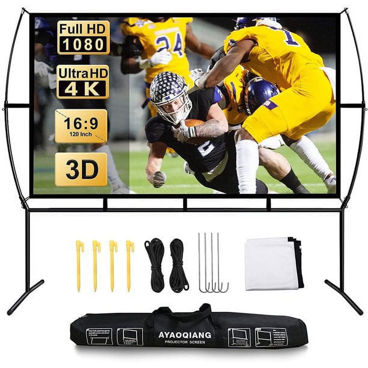 Projector Screen with Stand Foldable Portable Movie Screen 120 Inch, HD 4K Double Sided Projection Screen Indoor Outdoor Projector Movies Screen for Home Theater,16:9