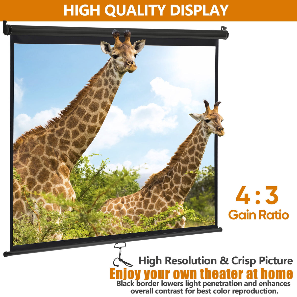 ZENSTYLE Projector Screen 72 inch 4:3 HD PVC Manual Projection Screen Home Theater Office Black