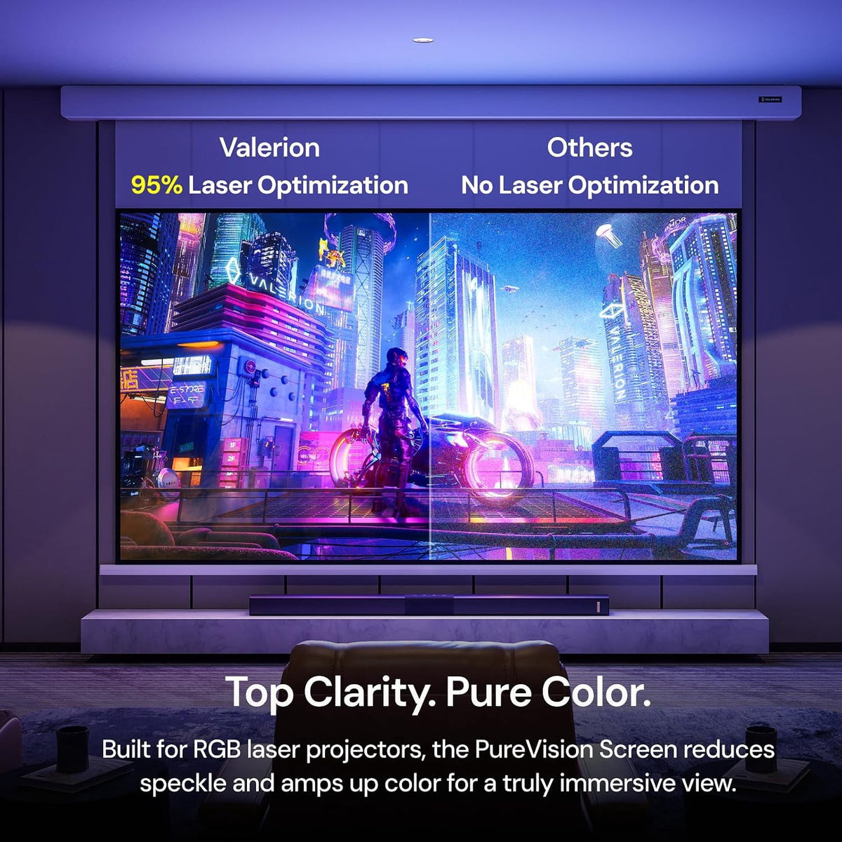 Valerion PureVision Motorized Projector Screen, 4K/8K UHD Ready, 20" Adjustable Drop, Black Backing, Long Throw Only