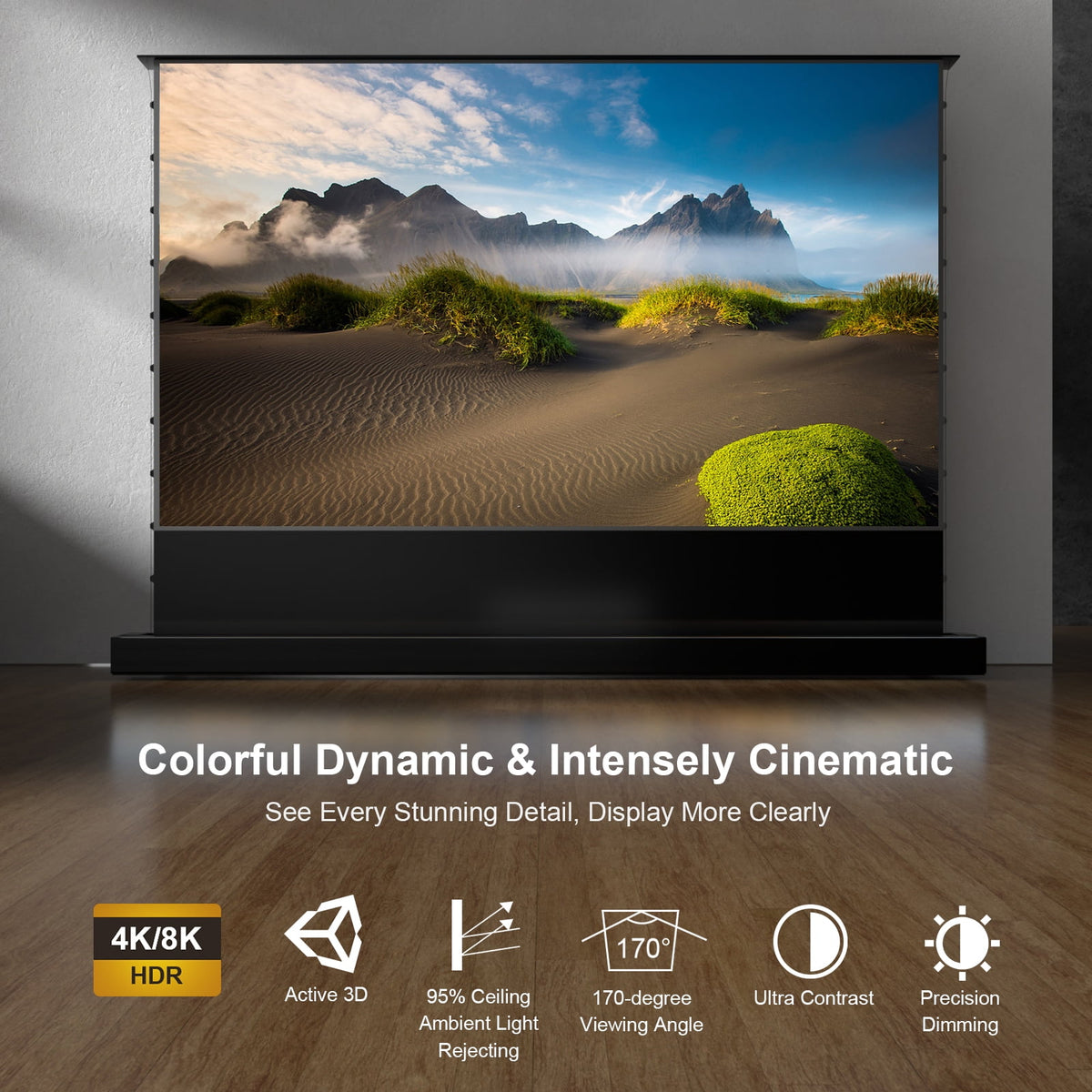 AWOL VISION 120" Motorized Floor Rising Ambient Light Rejecting Projector Screen for Ultra Short Throw Projector