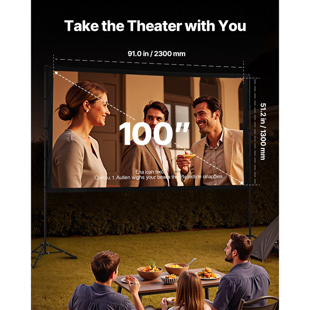 KFFKFF 100" Portable Projector Screen with Stand, 16:9, HD, 4K, Movie Screen Featuring Wrinkle-Resistant Design, for Indoor and Outdoor Use.