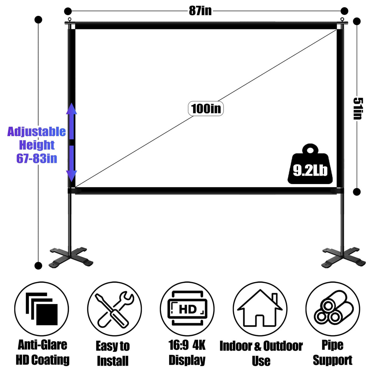 120inch Outdoor Projector Screen with Stand, 16:9 4K HD Portable Projector Screen with Carry Bag, Indoor Movie Projection Screen for Backyard, Camping, Home Theater