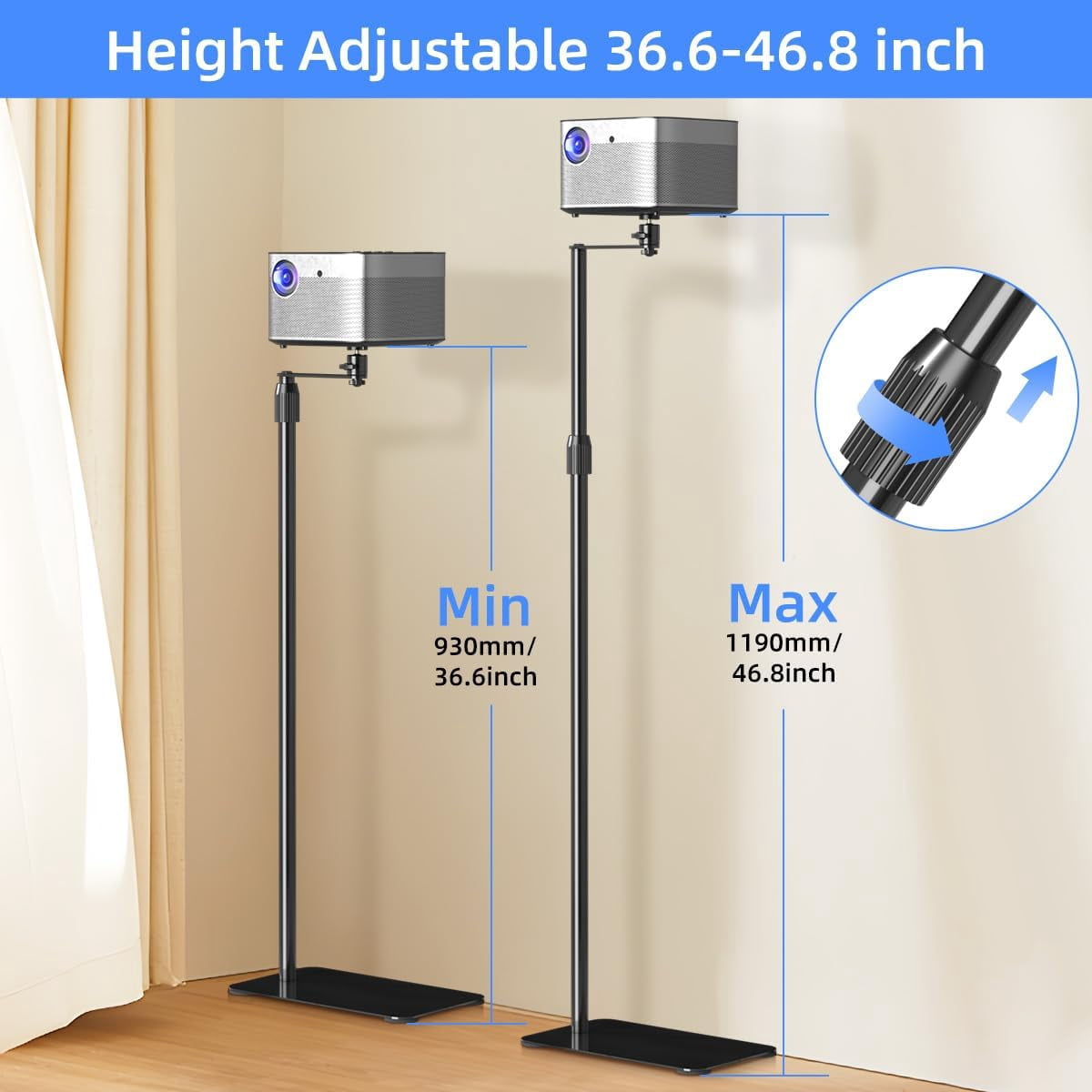 Projector Stand Against Wall Hidden Stand, 360°Swivel, Height Adjustable, Mini Projector Mount Bracket,