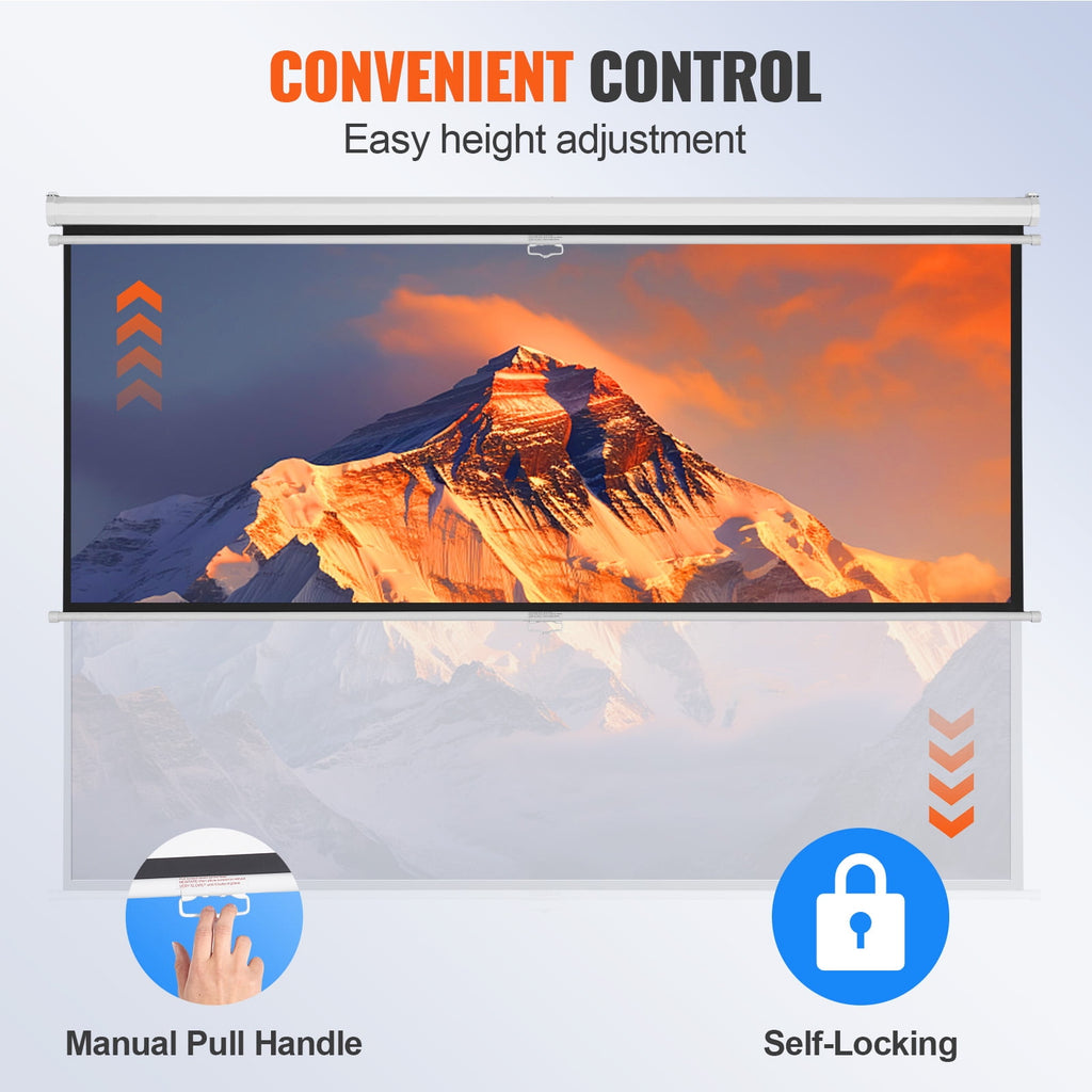KFFKFF Manual Pull Down Projector Screen, 100 inch 16:9, 4K 1080 HD, Auto-Locking, Portable Screen for Home, Office, and Family Theater