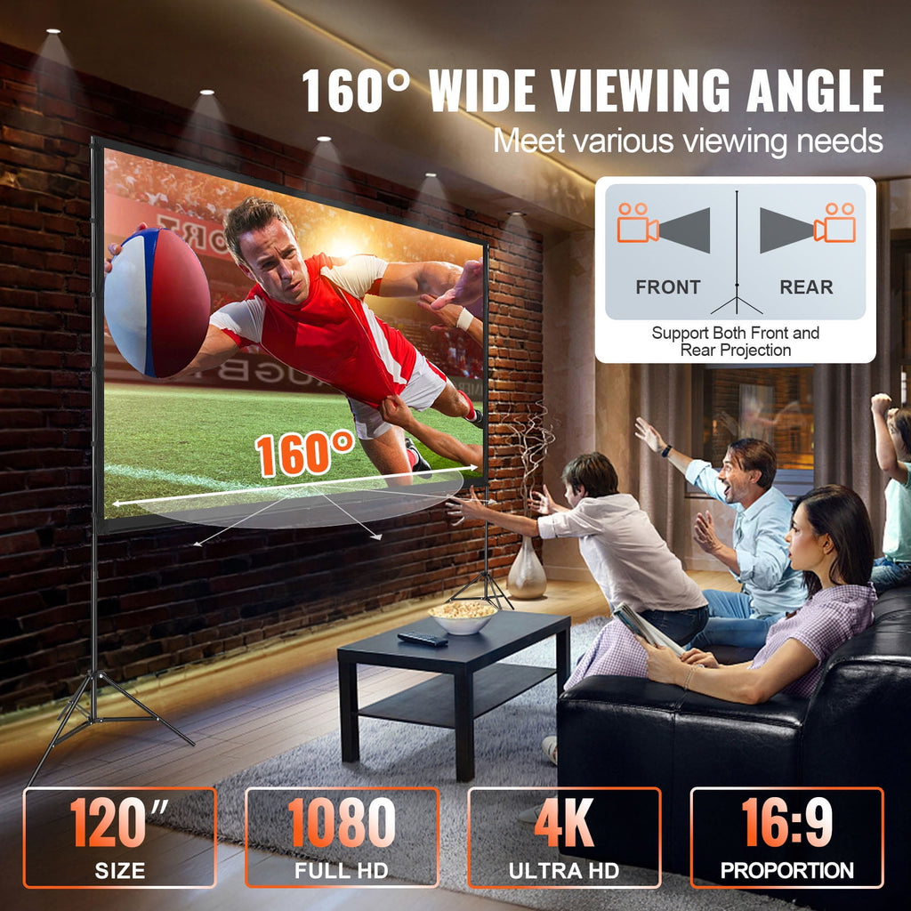KFFKFF 100" Portable Projector Screen with Stand, 16:9, HD, 4K, Movie Screen Featuring Wrinkle-Resistant Design, for Indoor and Outdoor Use.