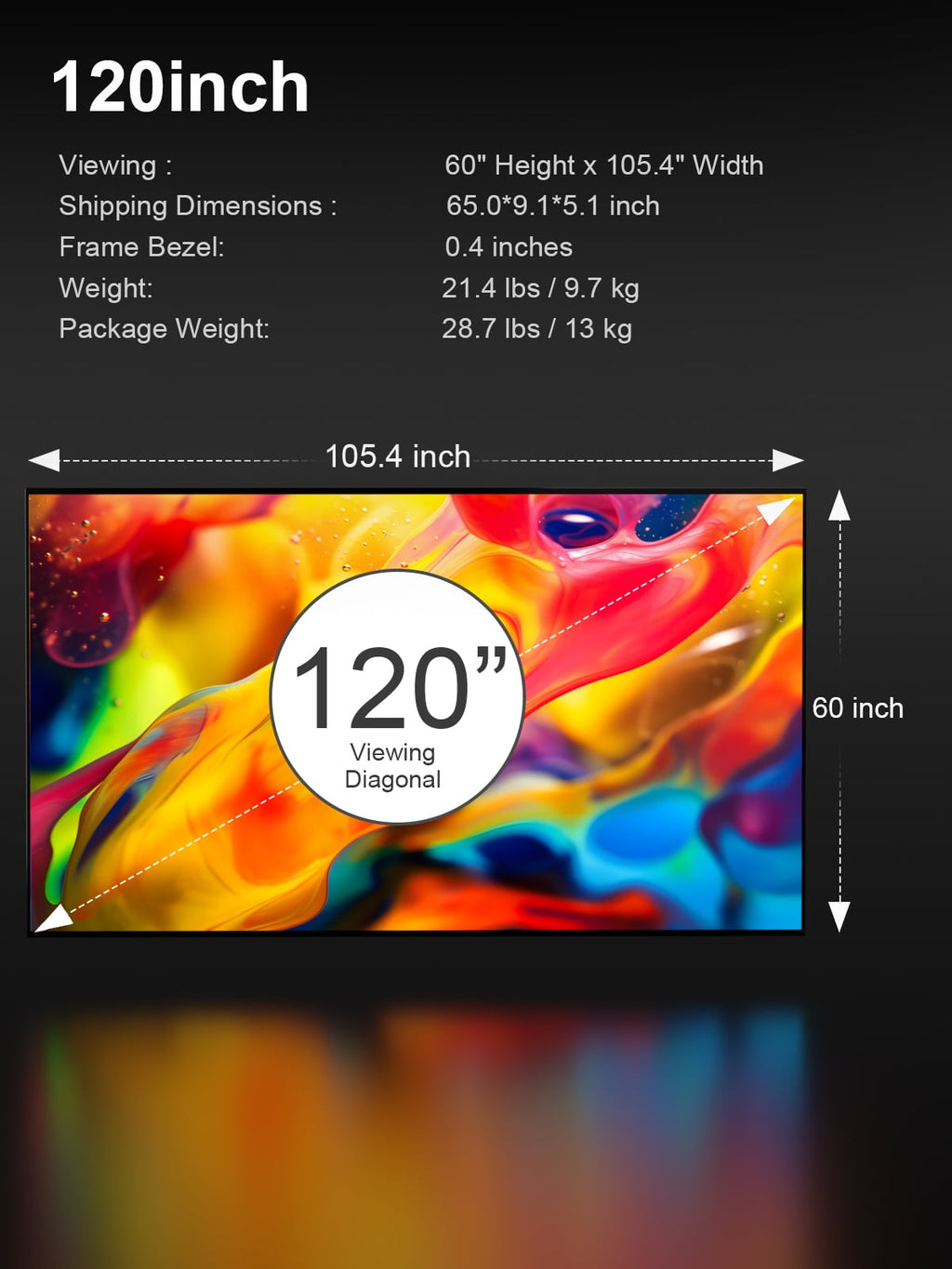 AWOL VISION 120" 16:9 Projector Screen, Fixed Frame Wall Mount Matte White Screen Compatible all type projectors MW-120