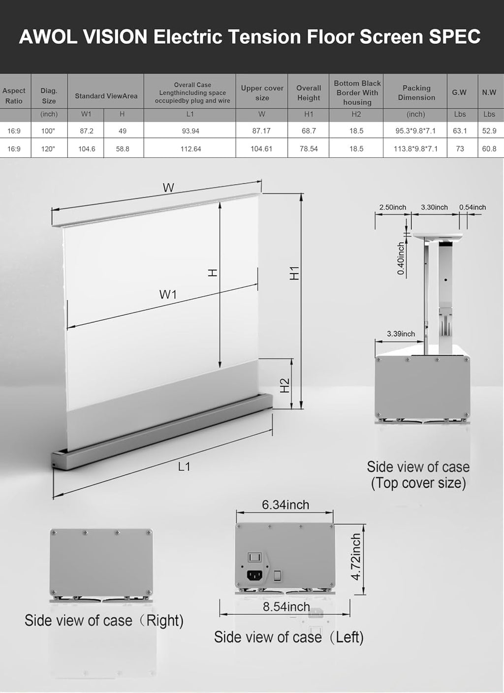 MW-F220 120" Motorized Floor Rising Matte Projector Screen ，4K/8K Ultra HD，Long/Short/Ultra-Short Throw Compatible