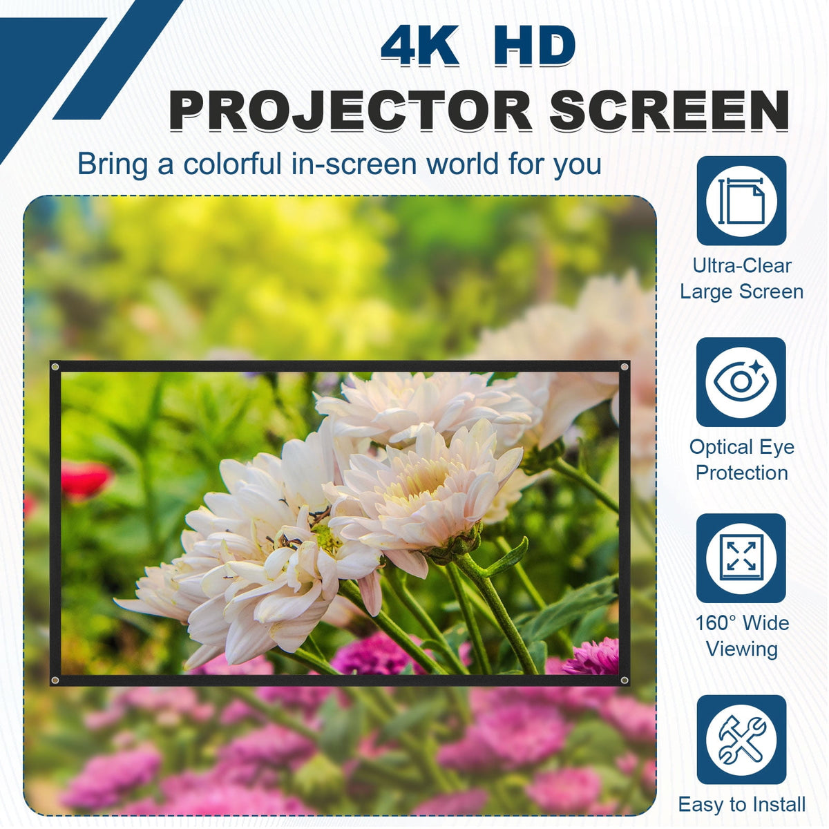 Uxcell Projector Screen 60 Inch 4K HD 16:9 Portable White Foldable Anti-Crease Movie TV Projector Screen for Camping Patio Backyard Bedroom Indoor Outdoor Wall Ceiling Hanging