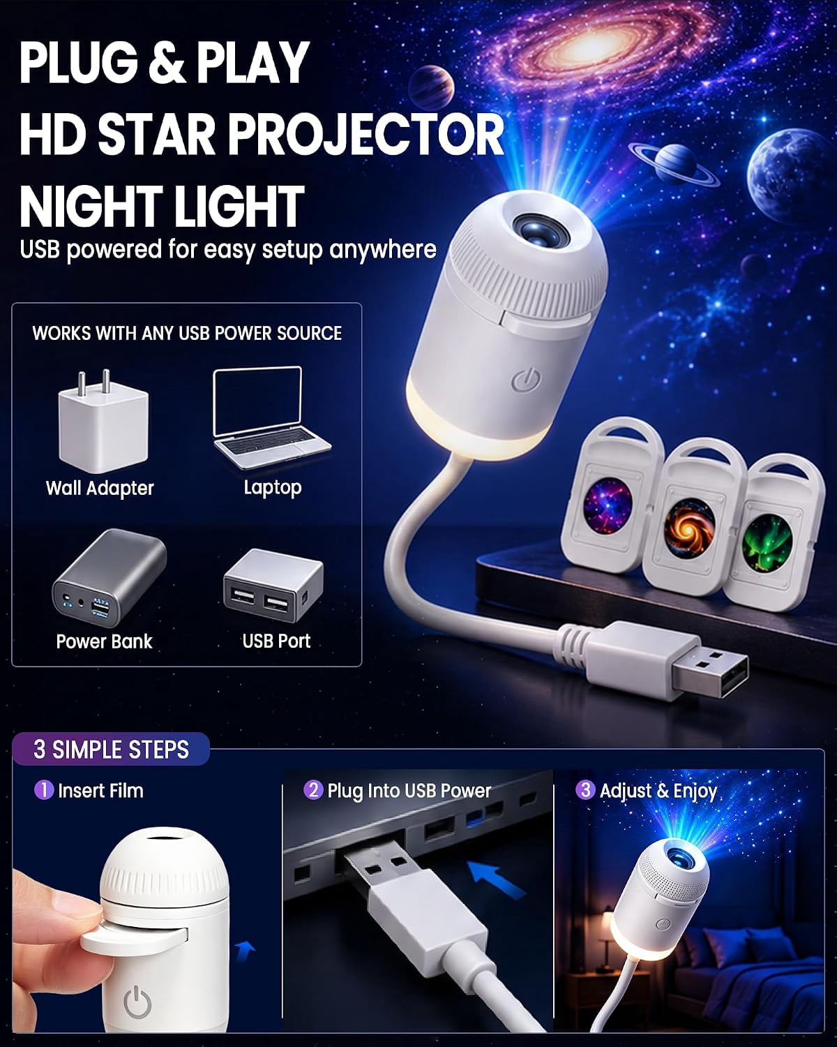 2-in-1 Holographic Galaxy Night Light, Hd 5d Star & Ocean Projector, 360° Static Ceiling Lamp, Usb Powered, Plug And Play
