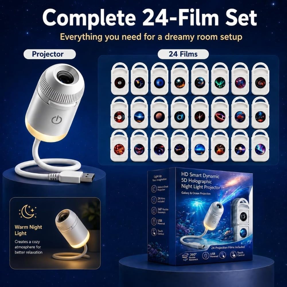 2026 Upgraded Plug and Play Hd Star Projector with 12 Films, Hd Smart Dynamic 5D Holographic Night Light Projector, 2-in-1 Galaxy Star Projector, 360 Rotating, USB Powered (with 12 Films)