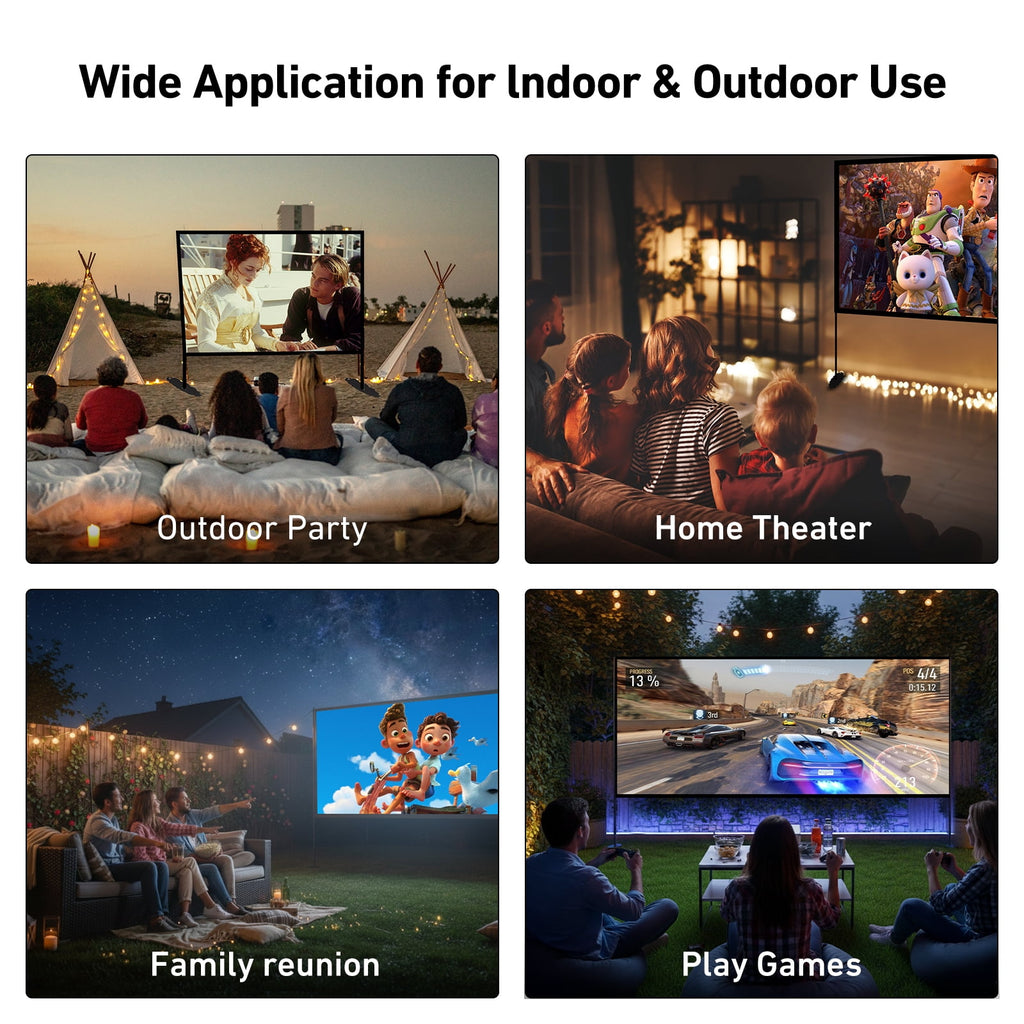 Projector Screen with Stand, 150 inch Indoor Outdoor Projection Screen, Portable 16:9 4K HD Rear Front Movie Screen with Carry Bag Wrinkle-Free Design for Home Theater Backyard Cinema