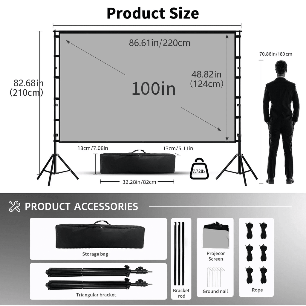 HVKDIEB Outdoor Projector Screen with Stand, 100 Inch Milk Silk Fabric with Black Backing, Double Tripod Movie Screen with Carry Bag for Backyard Home Theater