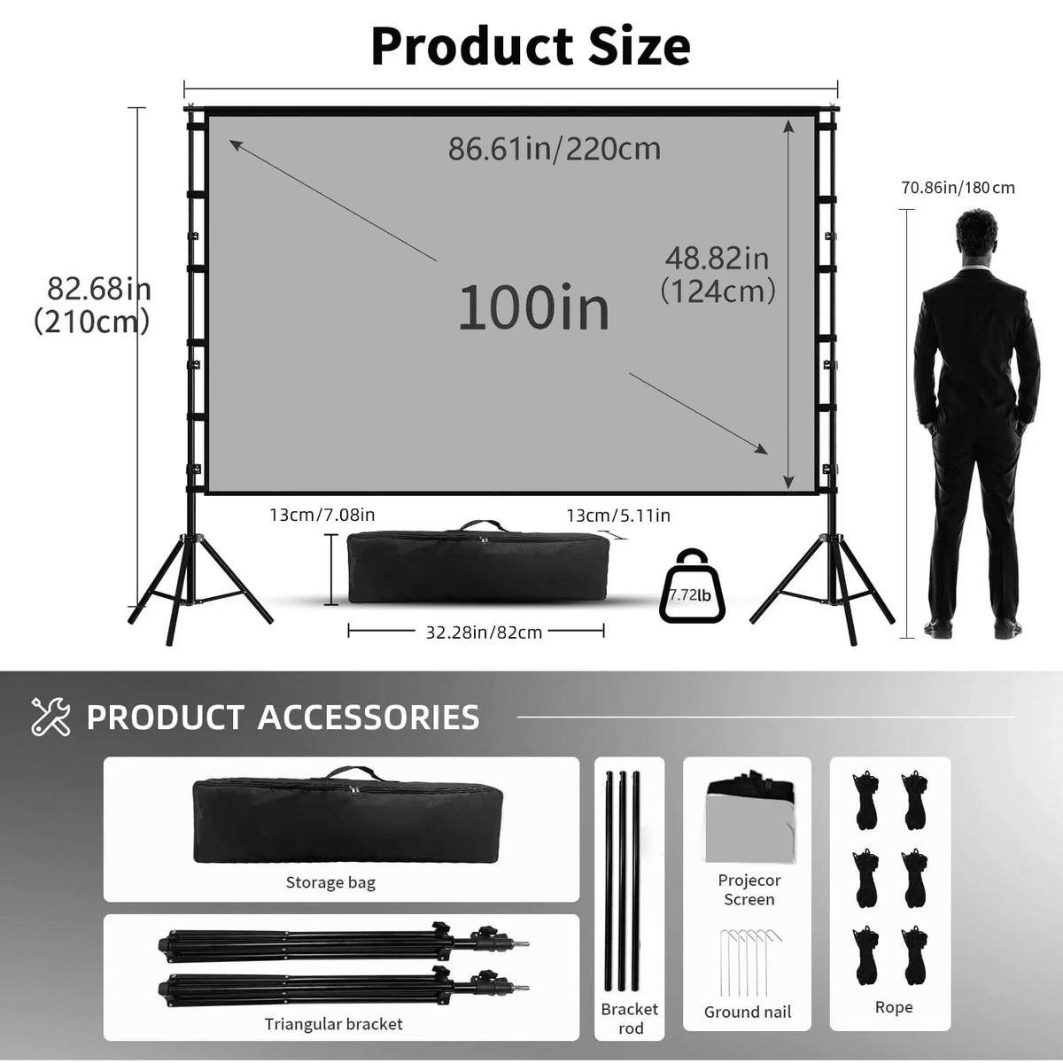 HVKDIEB Outdoor Projector Screen with Stand, 100 Inch Milk Silk Fabric with Black Backing, Double Tripod Movie Screen with Carry Bag for Backyard Home Theater