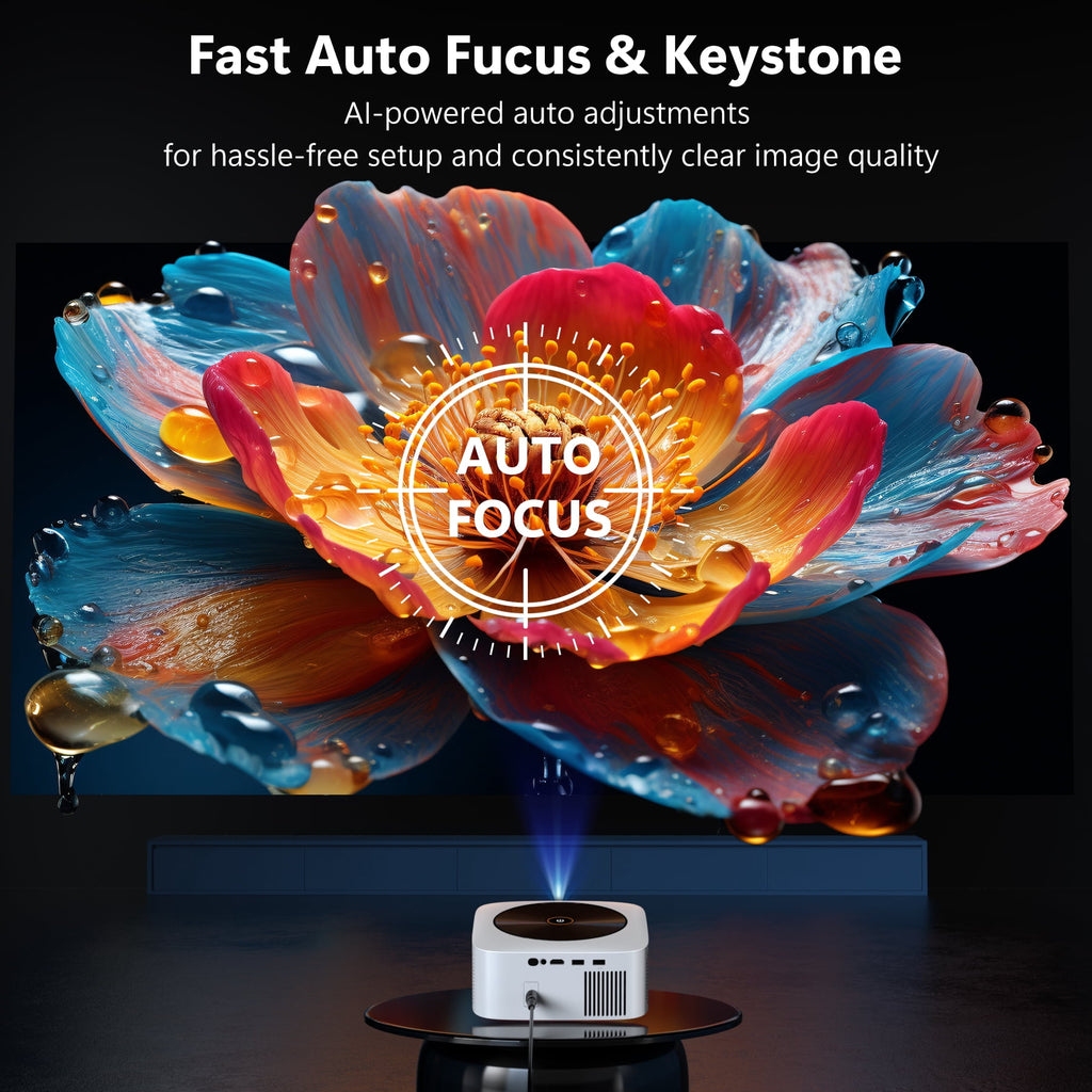 HAPPRUN 1500 ANSI Lumens Smart Projector Compatible with Netflix, 4K Decoding Movie Projector with WiFi & Bluetooth, Auto Focus & Keystone, Built-in Streaming Apps, Outdoor Projector for Home Theater