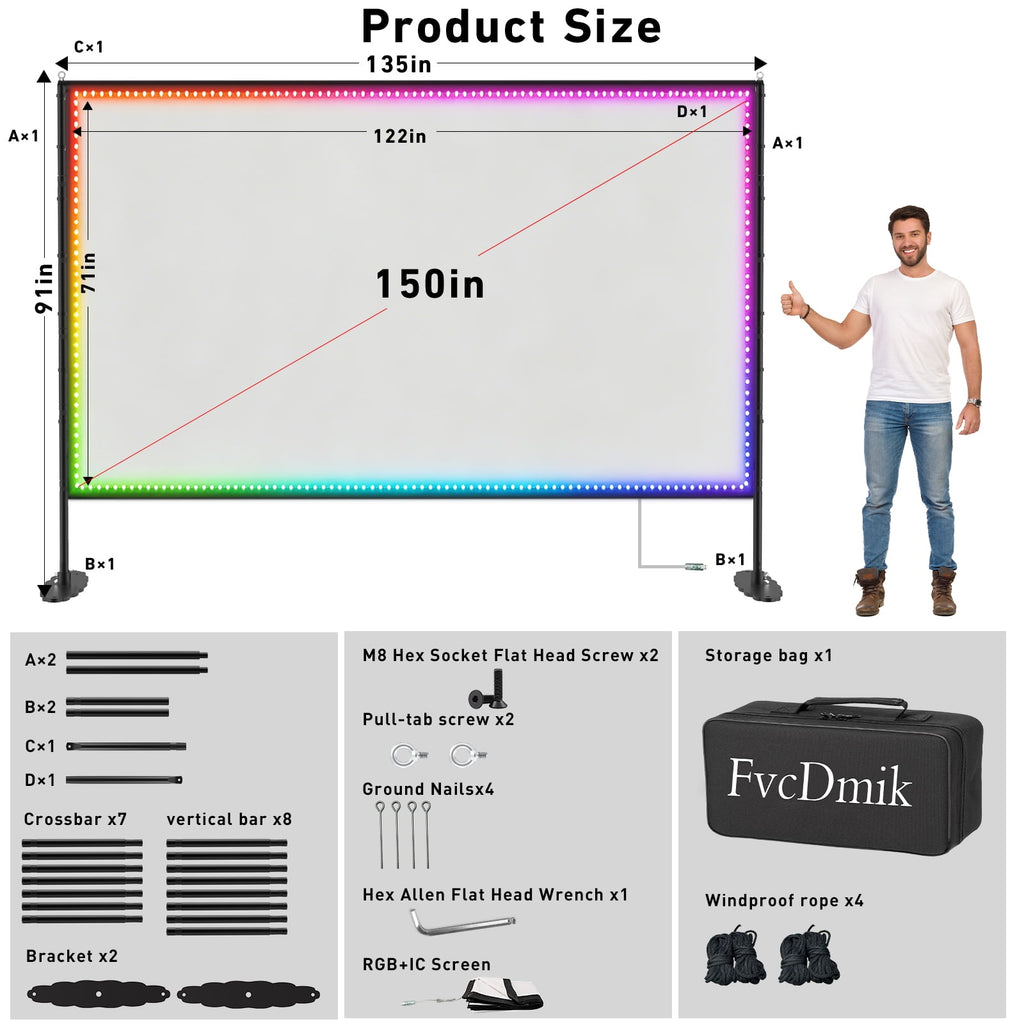 150 Inch Projector Screen with LED Strip & Smart LED Lights 4K Ultra HD Wrinkle-Free Projection Screen with 160° Wide Viewing Angle, Perfect for Ball Games, Sports Matches, TV Shows, Movies & Indoor
