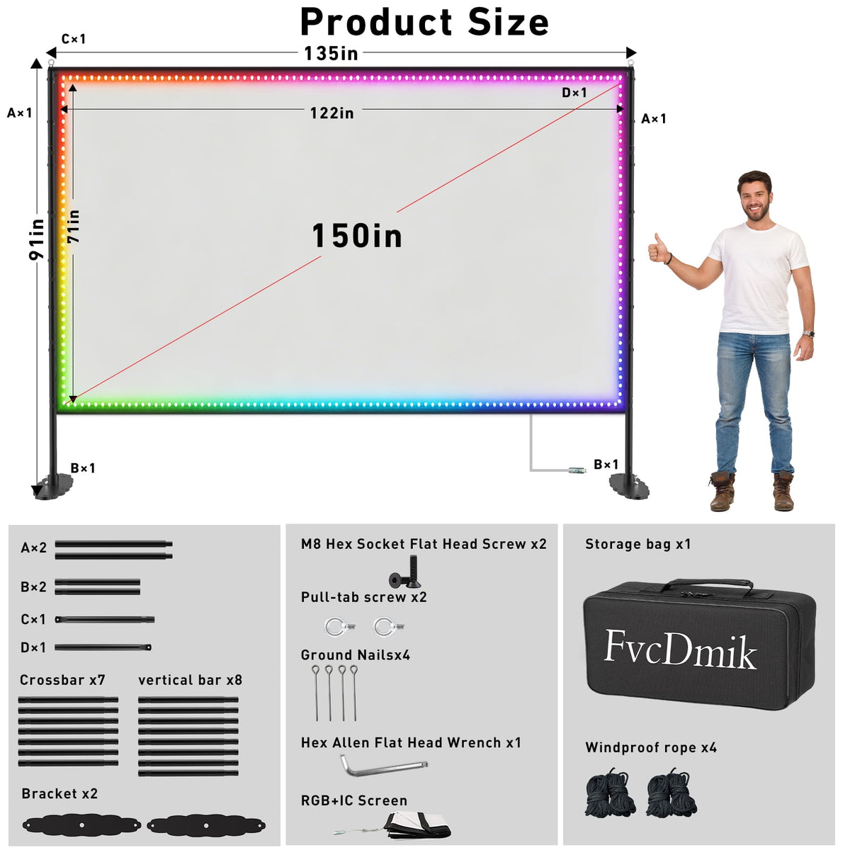 150 Inch Projector Screen with LED Strip & Smart LED Lights 4K Ultra HD Wrinkle-Free Projection Screen with 160° Wide Viewing Angle, Perfect for Ball Games, Sports Matches, TV Shows, Movies & Indoor