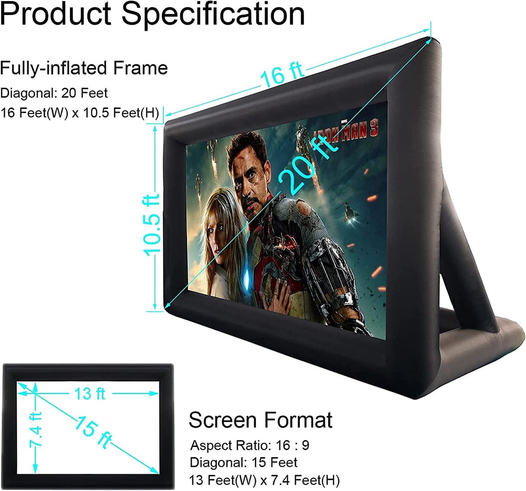 XHYHWYD 20ft Outdoor Free Standing Inflatable Projector Screen, 240 in with Air Blower, Black, 20FT-Dwarf foot, New