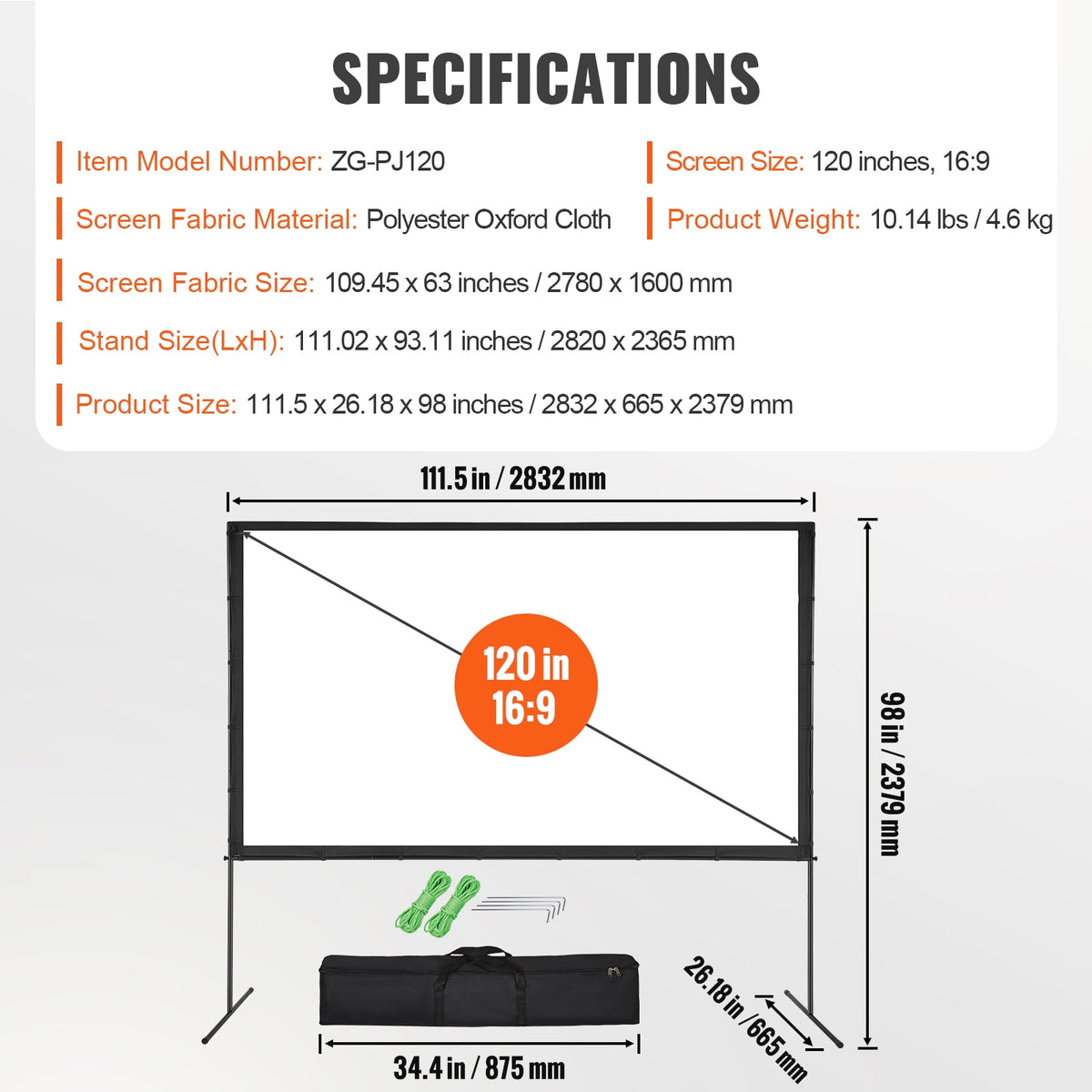 KFFKFF 100" Projector Screen with Stand, 16:9, 4K, HD, Crease-Resistant,Portable Movie Screen for Family Theater, Indoor and Outdoor.