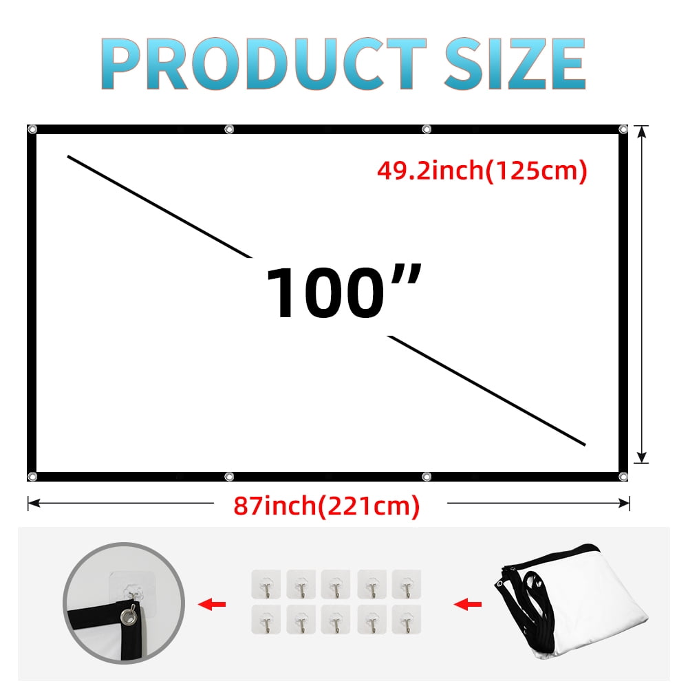GAINVANE Projector Screen 100 inch 16:9 Outside Projector Screen Portable Outdoor Indoor Wrinkle-Free 4K HD Wall-Mounted Backyard Movie Night Camping Office Presentation