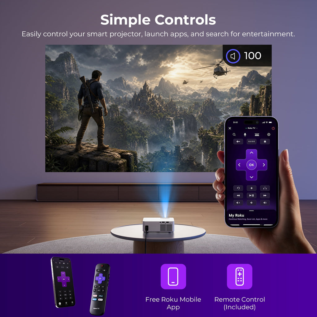ELEPHAS Roku TV Smart Projector with Wi-Fi and Bluetooth, Built-in Roku TV Streaming Experience, Dolby Audio, Portable Mini Smart Projector