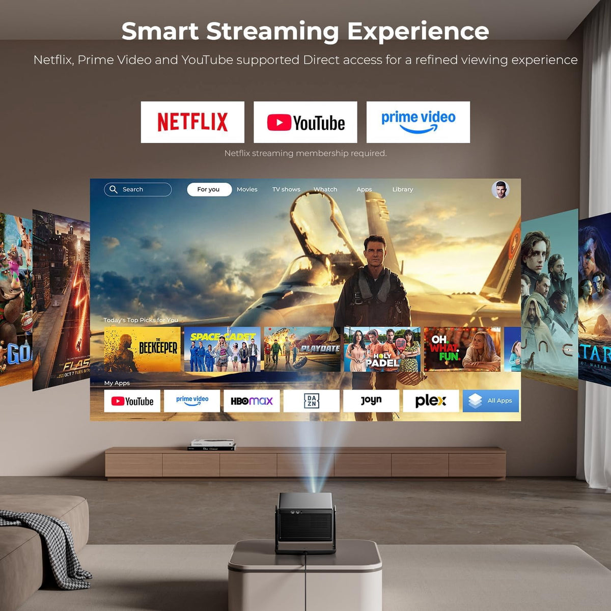 ELEPHAS Smart 4K Projector with WiFi and Bluetooth - Compatible with Prime Video/YouTube, 270° Rotatable, AI Auto Focus & Keystone, Portable Home Theater Movie Projector for Indoor Outdoor