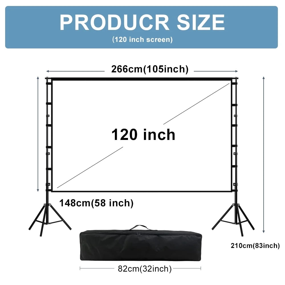 HVKDIEB 150 inch Outdoor Projector Screen with Stand,16:9 4K 3D Indoor Movie Screen,Wrinkle Resistant,Suitable for Home Theater Movies Night
