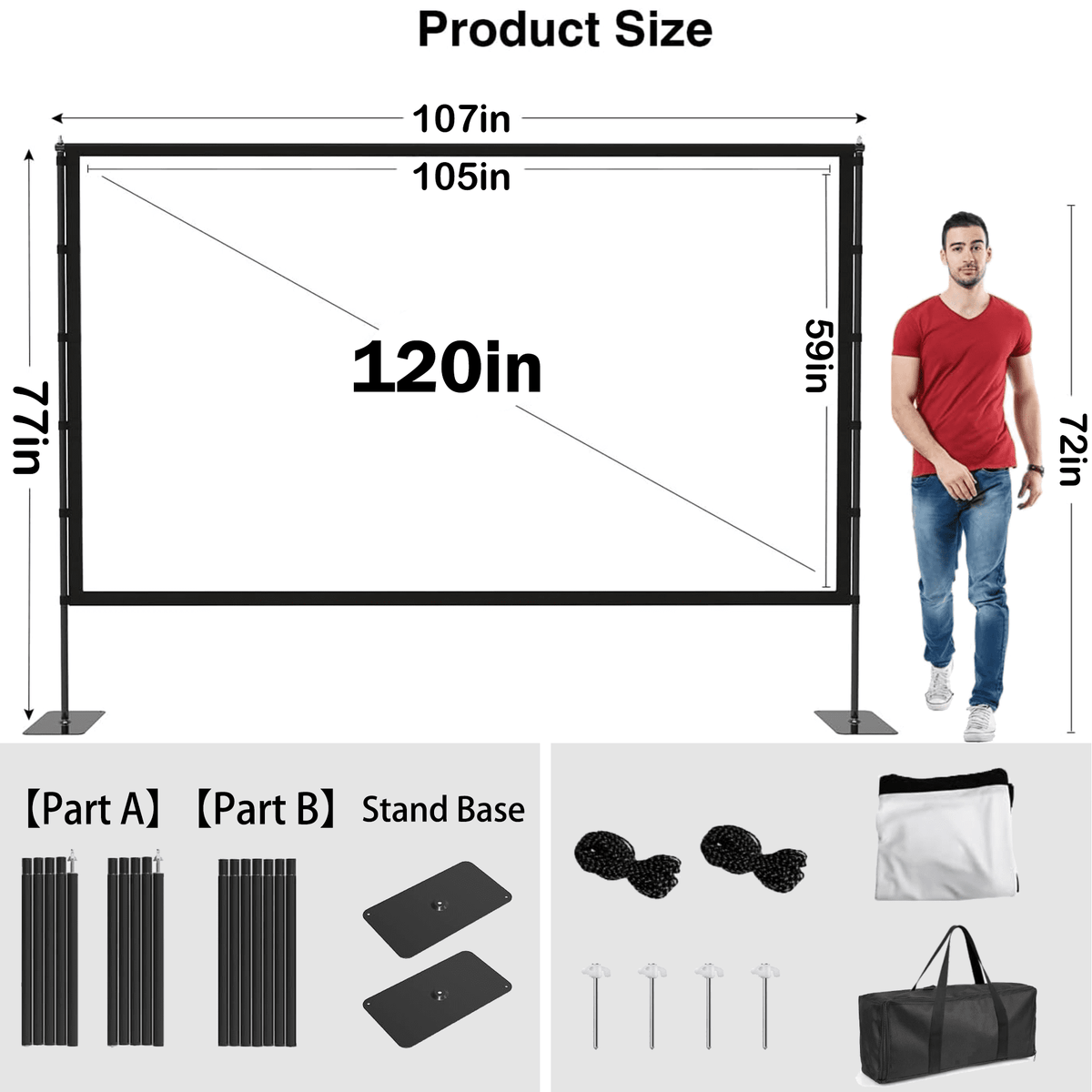 TIKBBRMG Projector Screen with Stand, 120inch Portable Outdoor Indoor Projection Screen, 16:9 4K HD Movie Screen with Carry Bag, Ropes and Ground Stakes for Backyard, Camping, Theater