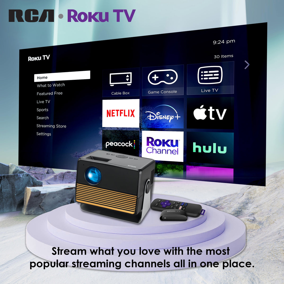 RCA 1080P FHD ROKU Smart Streaming Projector, 250 ANSI Lumens, Black