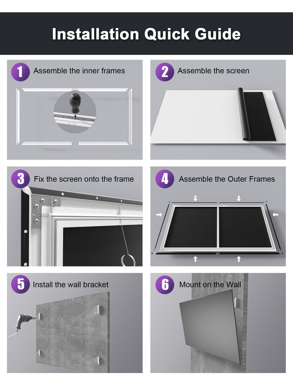 AWOL VISION 120" 16:9 Projector Screen, Fixed Frame Wall Mount Matte White Screen Compatible all type projectors MW-120