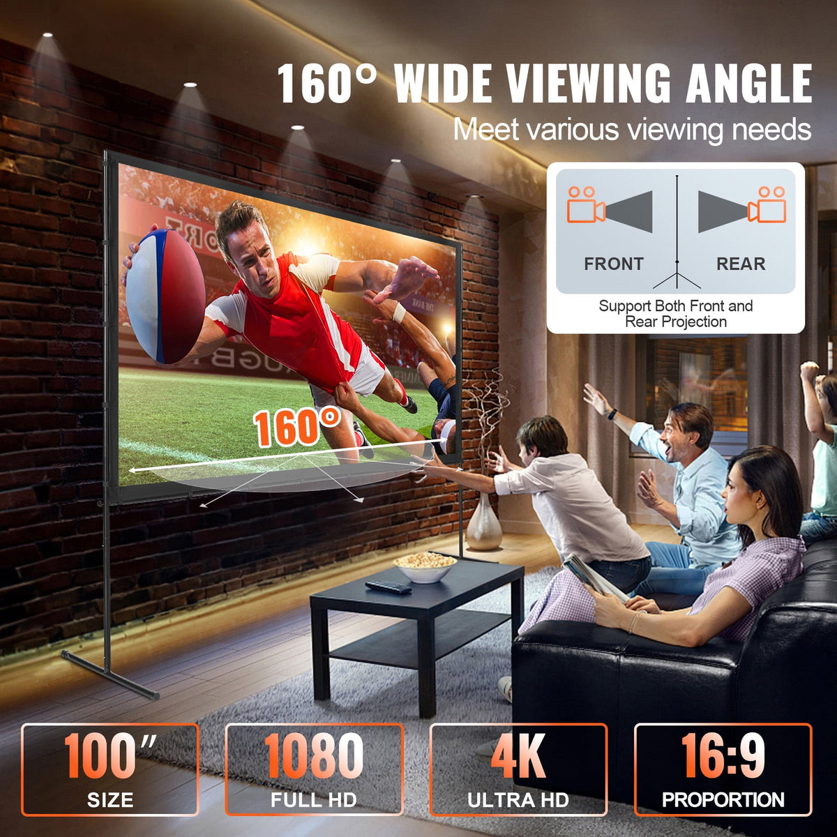 KFFKFF 100" Projector Screen with Stand, 16:9, 4K, HD, Crease-Resistant,Portable Movie Screen for Family Theater, Indoor and Outdoor.