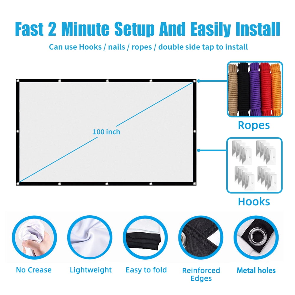 Salange Wall Mount 100" Movie Indoor/Outdoor Foldable Anti-Crease Projector Screen,Home Movie Screen Polyester Fibre,White