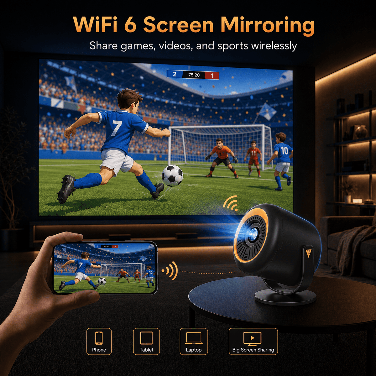Mini Projector with WiFi and Bluetooth, Native 1080P Portable Movie Projector, Auto Keystone, 180 Degree Rotating Stand, HDMI USB Type-C for TV Stick, Black Orange, Vamvo