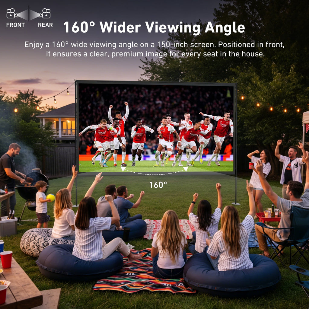 Projector Screen with Stand, 150 inch Indoor Outdoor Projection Screen, Portable 16:9 4K HD Rear Front Movie Screen with Carry Bag Wrinkle-Free Design for Home Theater Backyard Cinema