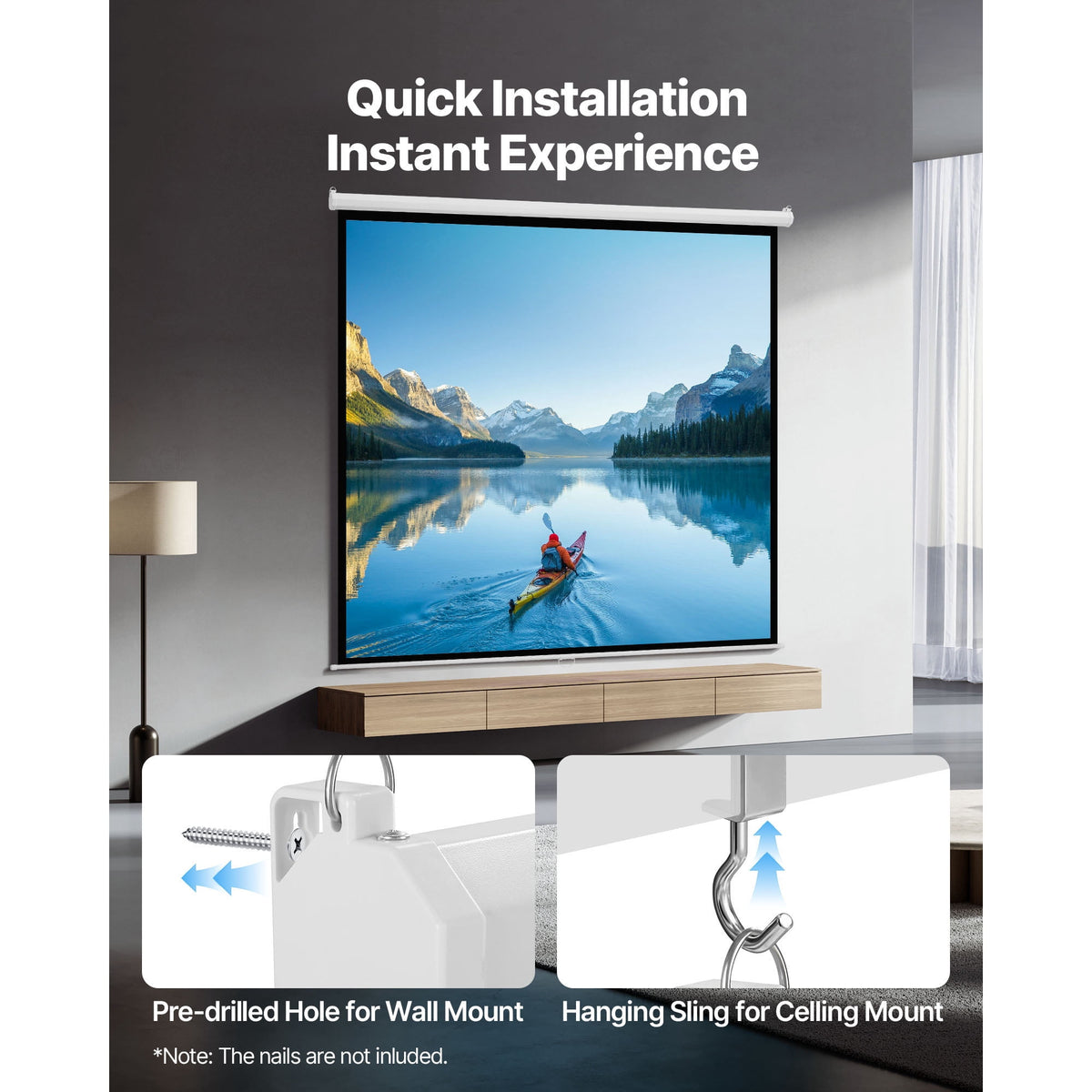 KFFKFF Manual Pull-Down Projector Screen, 120-Inch 1:1 Ratio, 4K and 1080 HD Compatible, Wall-Mounted Retractable Screen with Pull Cord, Portable Display for Home, Office, or Theater Use