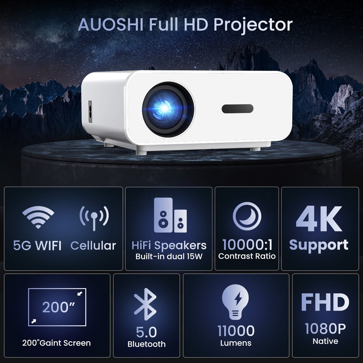 AUOSHI Mini Projector with WiFi and Bluetooth, Native 1080P Portable Projector 4K Supported, 15000 Lumens Movie Projector with Speaker, 50% Zoom, Keystone, Outdoor Projector for Home Theater, Camping