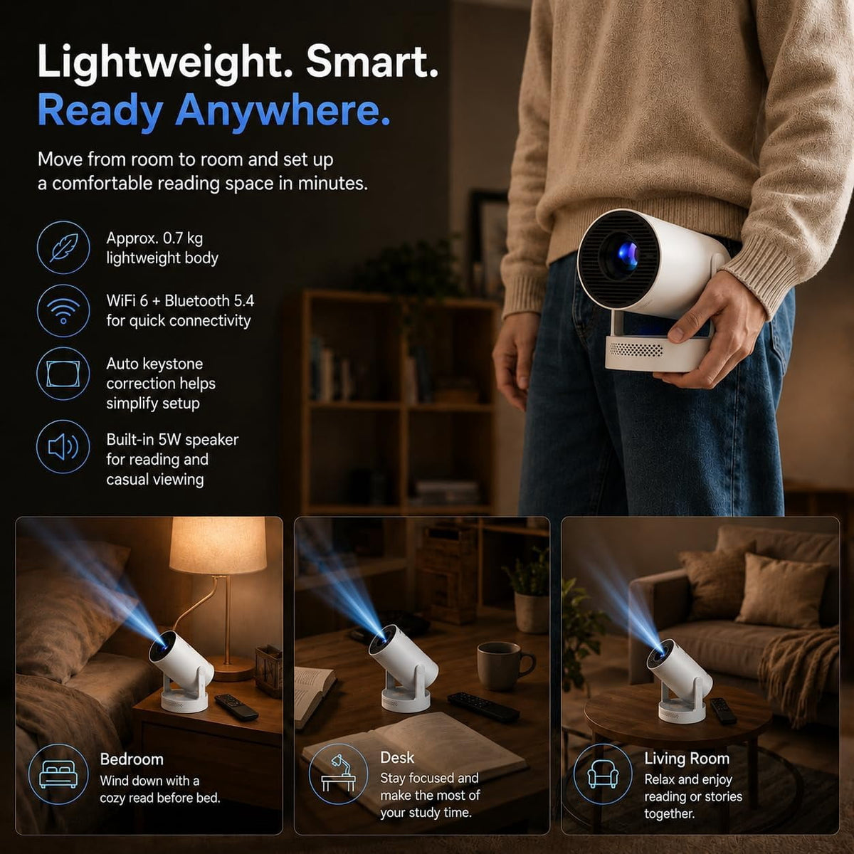 BookCast Projector, Book Cast Smart Projector, Immersive Wall-Sized Reading,Built-in Apps, 4K Support, 180° Rotating, Auto Keystone