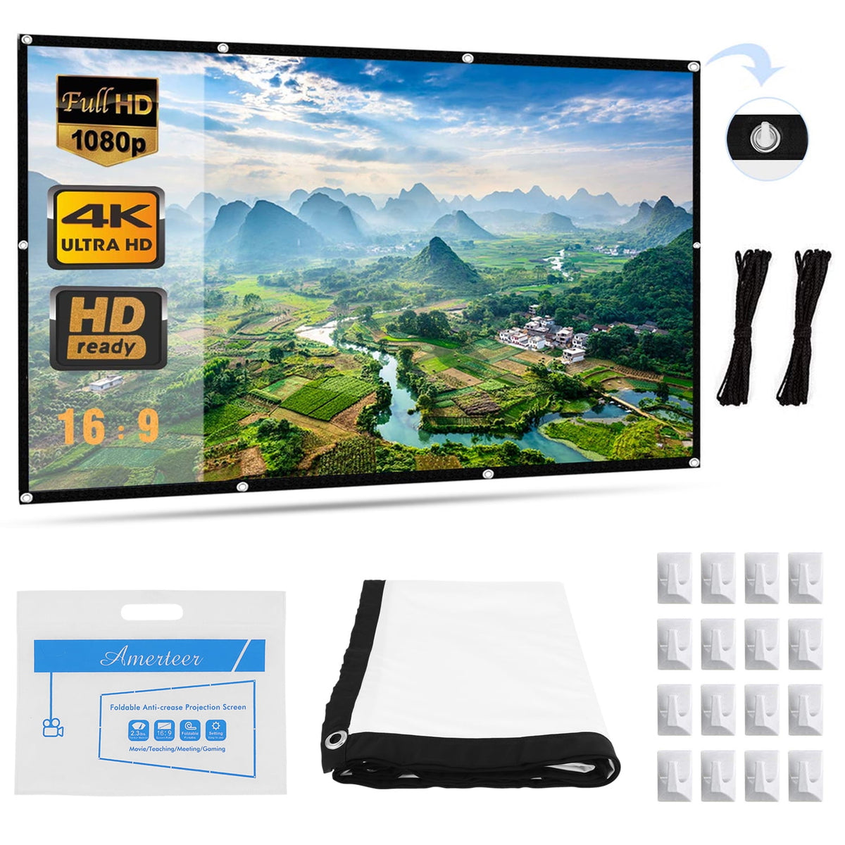 72 inch Projector Screen Portable 16:9 4K HD Outdoor Indoor Projector Movies Screen Foldable Anti-Crease Double Sided Projection Screen for Home Theater Support Front and Rear Projection
